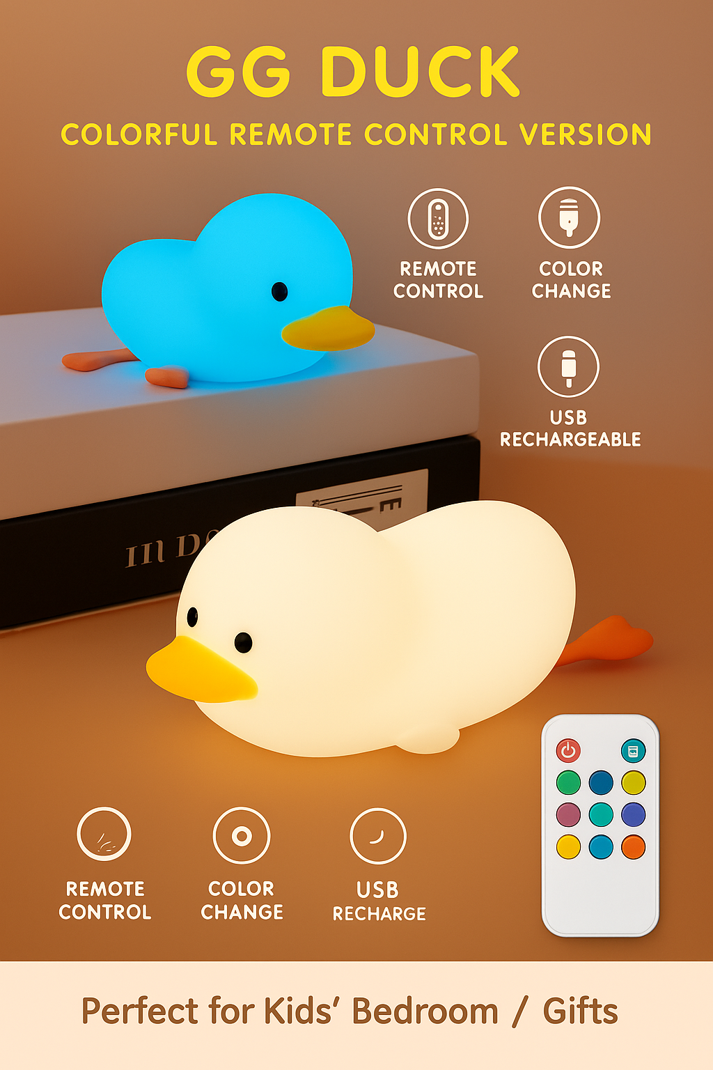 1pc Doudou Duck night light Children's gift soft light eye care USB charging timing automatic clap silicone lamp