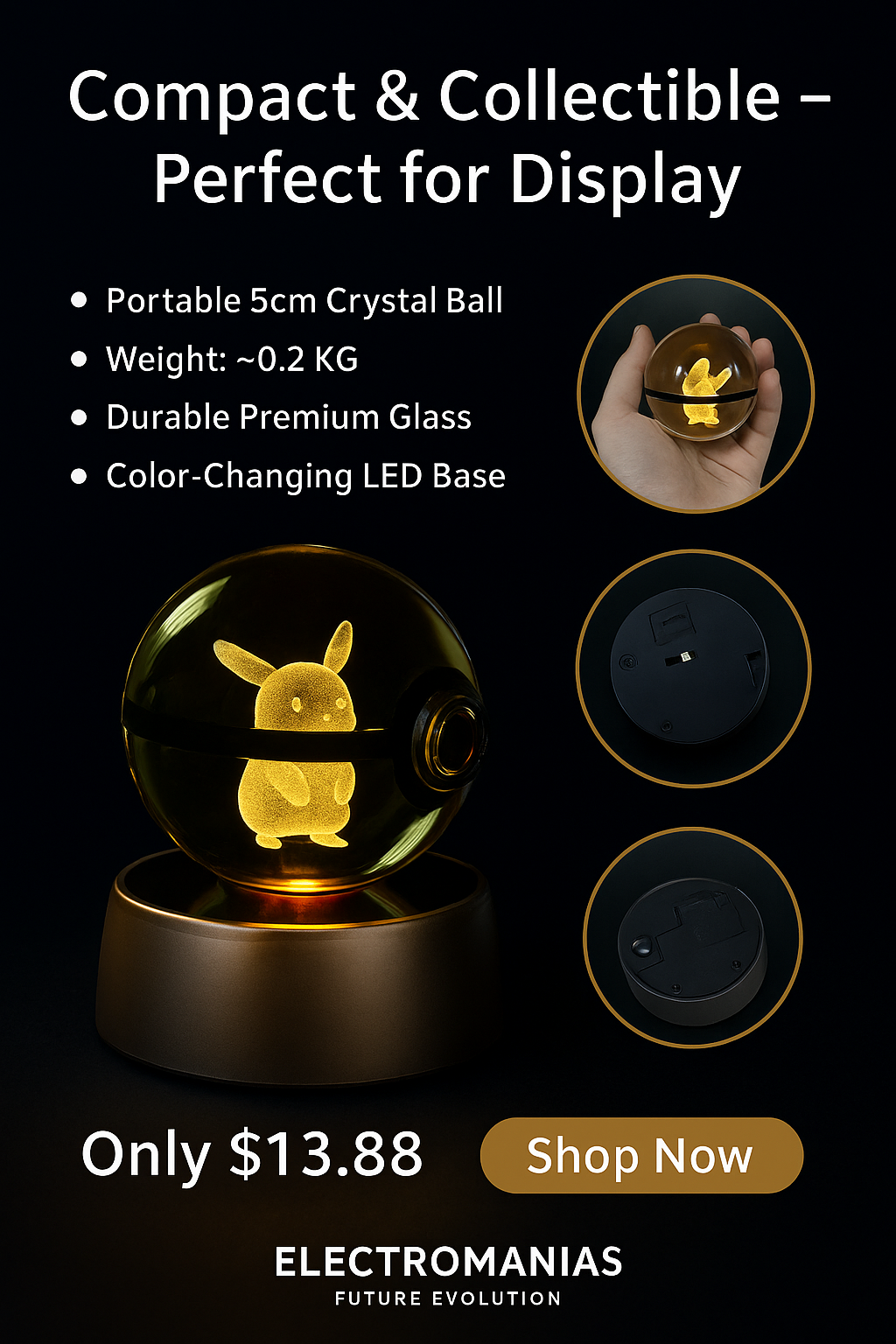 Pokémon 3D Crystal Ball Night Light with LED Base